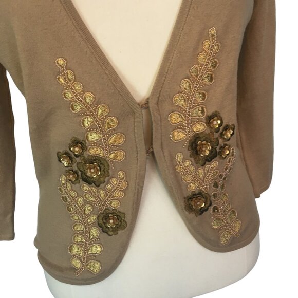 Ann Taylor Womens Silk Cotton Cashmere Blend Tan Cardigan Sweater Beads Sequins - Picture 2 of 11
